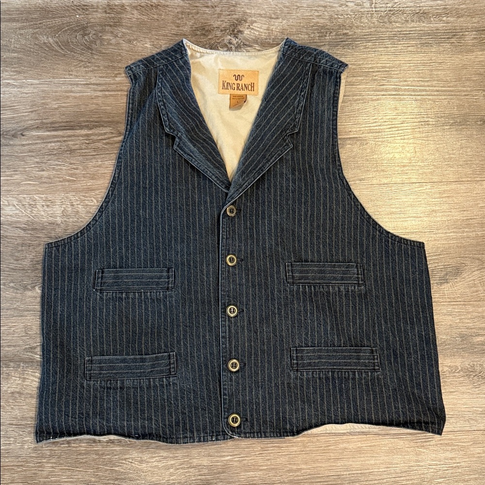 King Ranch Men’s Blue Pinstriped Western Cotton Denim Vest Size L